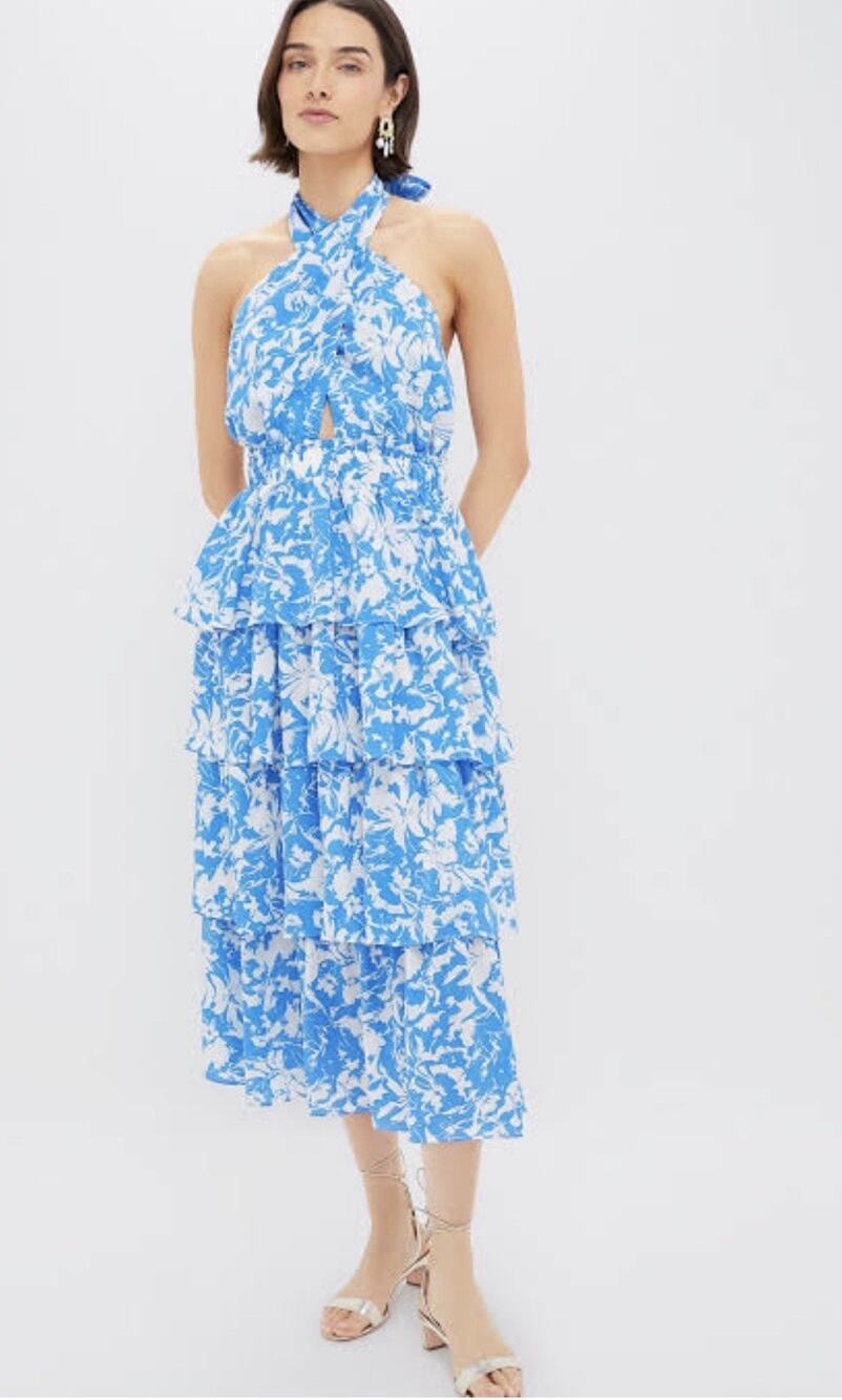 Hyacinth House Blue & White Floral Halter Neck Jenny Midi Dress Womens L